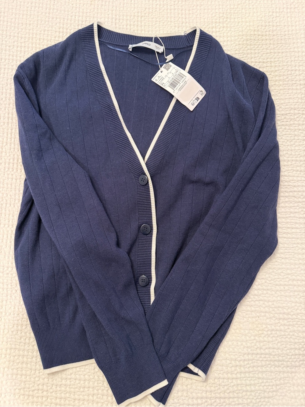 Mango Navy Blue Cardigan with Cream Trim